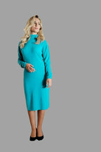 100% Cashmere Women's Knitwear Pure Cashmere Dress with Sleeves Cool Turquoise - Vshine Silk and Shine 