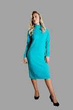 100% Cashmere Women's Knitwear Pure Cashmere Dress with Sleeves Cool Turquoise - Vshine Silk and Shine 