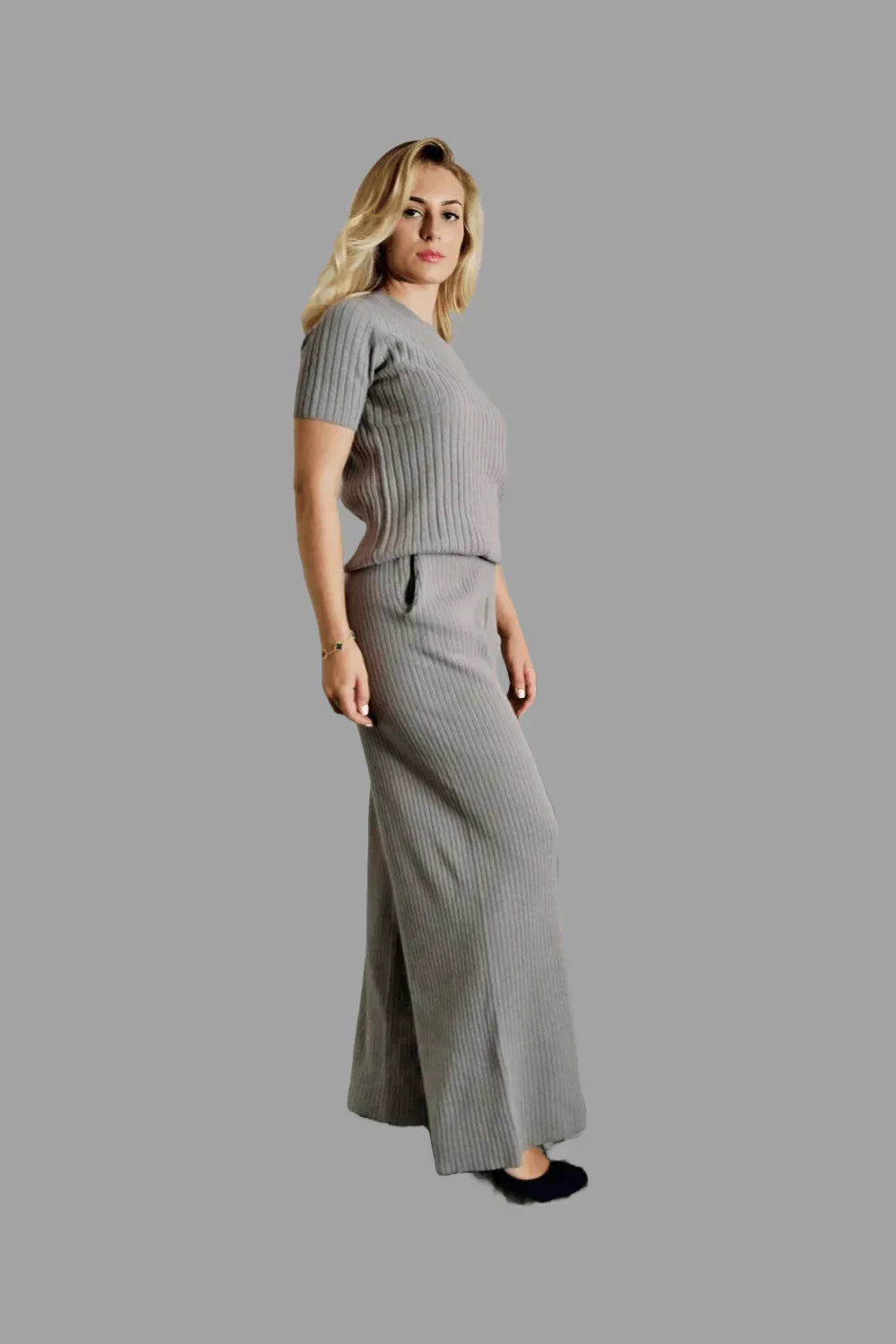 100% Cashmere Women's Ribbed Knitwear Co-ord Set, Knitted Co-ords, Grey - Vshine Silk and Shine 