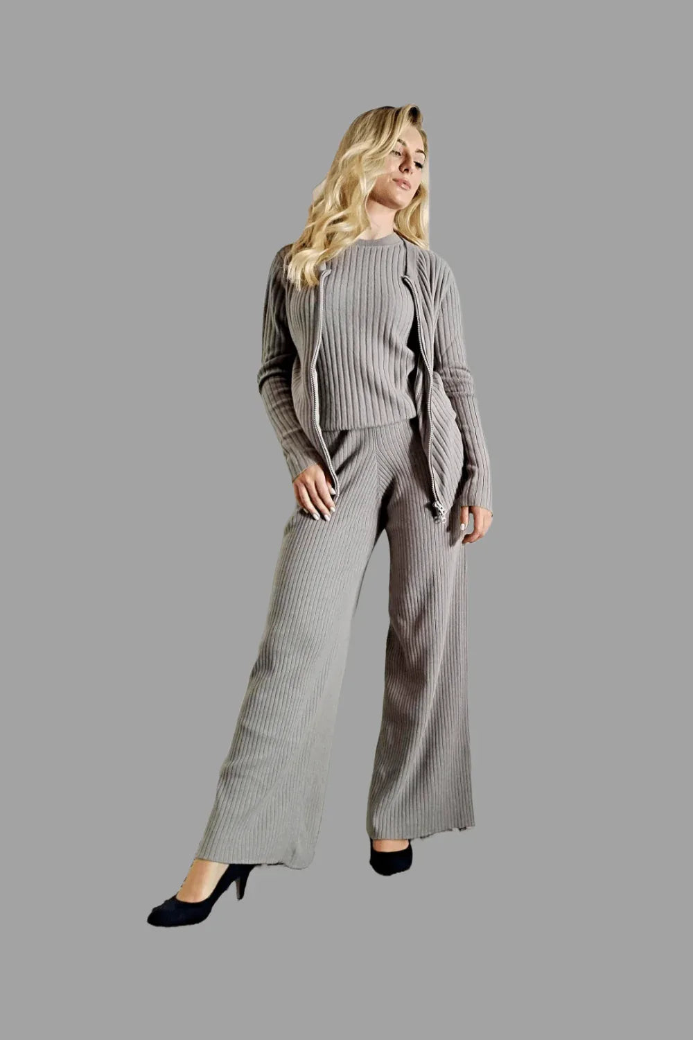 100% Cashmere Women's Ribbed Knitwear Co-ord Set, Knitted Co-ords, Grey - Vshine Silk and Shine 