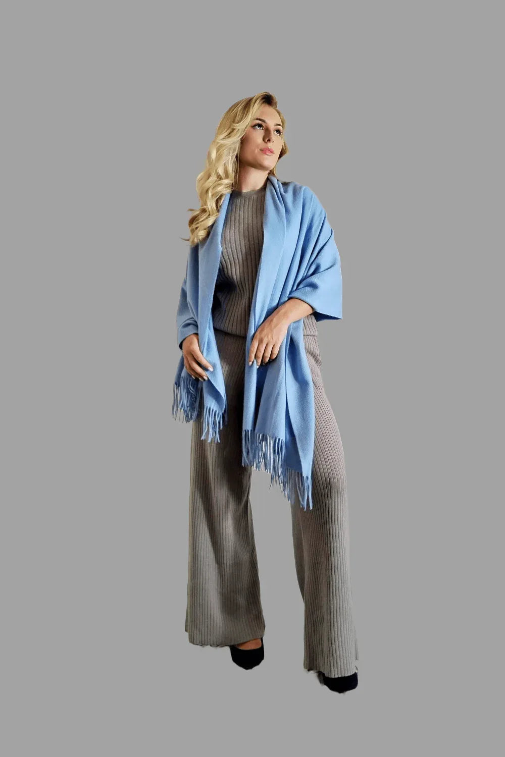 100% Cashmere Shawl Pale Blue - Vshine Silk and Shine 