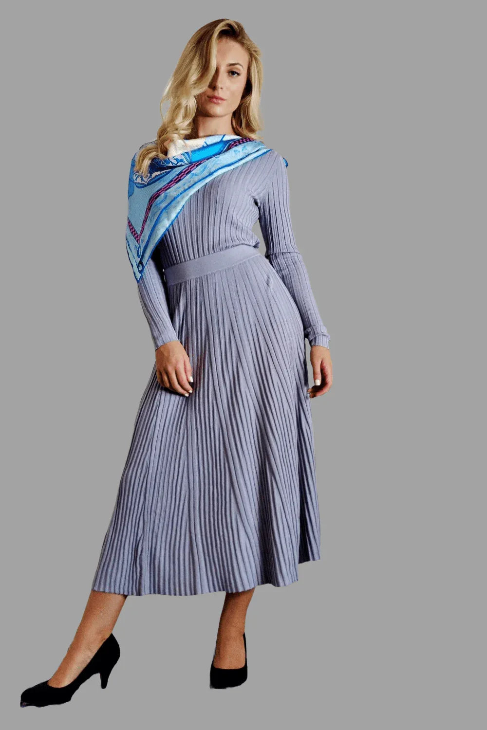 Cashmere Silk Blend Ribbed Knitwear Top and A line long Skirt with pleated detail Pearl Grey - Vshine Silk and Shine 