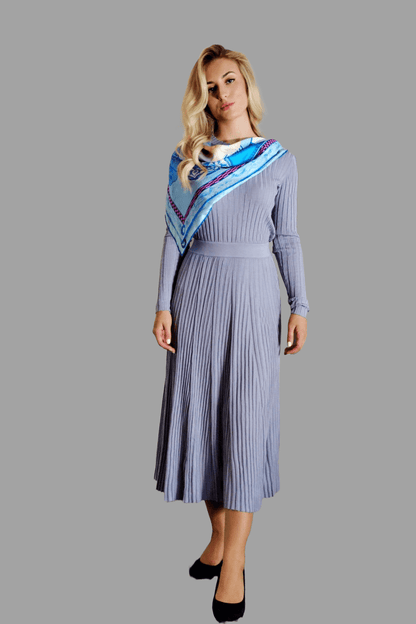 Vshine Silk and Shine Silk Cashmere Blend Knitwear top A-line skirt with pleat Pearl Grey