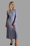 Cashmere Silk Blend Ribbed Knitwear Top and A line long Skirt with pleated detail Pearl Grey - Vshine Silk and Shine 