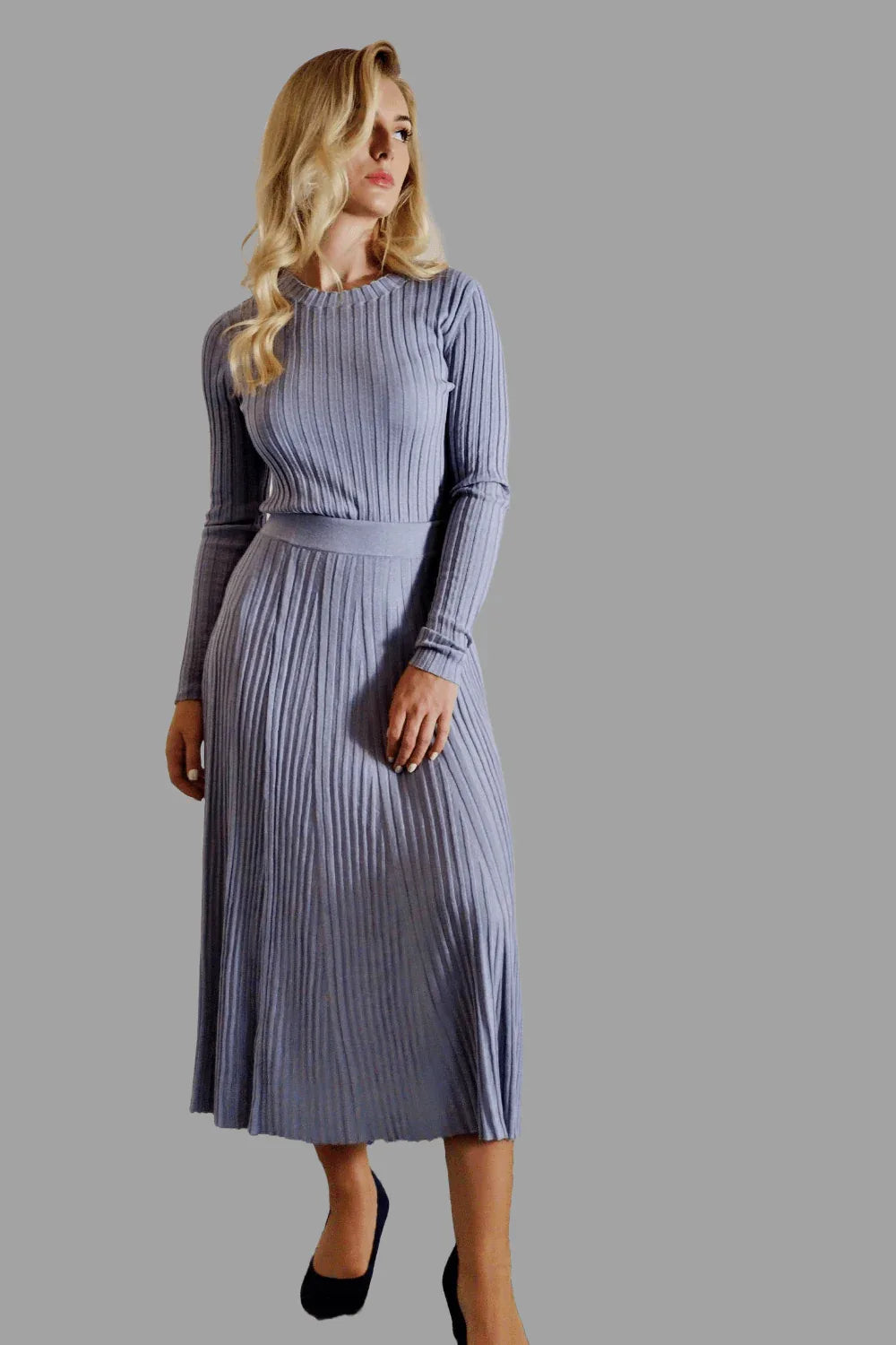 Cashmere Silk Blend Ribbed Knitwear Top and A line long Skirt with pleated detail Pearl Grey - Vshine Silk and Shine 