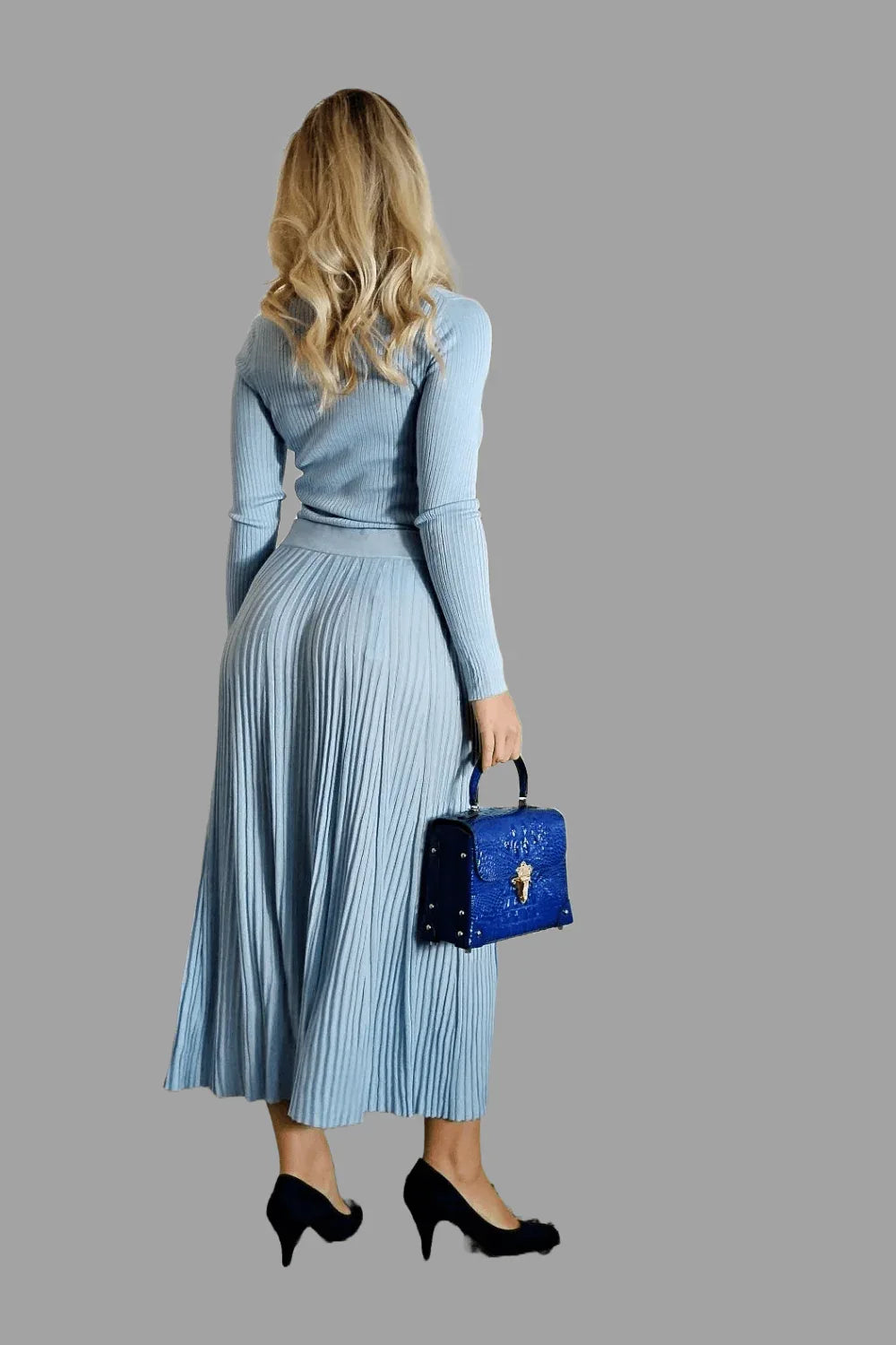 Cashmere Silk Blend Ribbed Knitwear Top and A line long Skirt with pleated detail blue - Vshine Silk and Shine 
