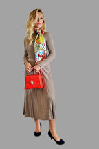 Cashmere Silk Blend Ribbed Knitwear Top and A line long Skirt with pleated detail Camel Colour - Vshine Silk and Shine 