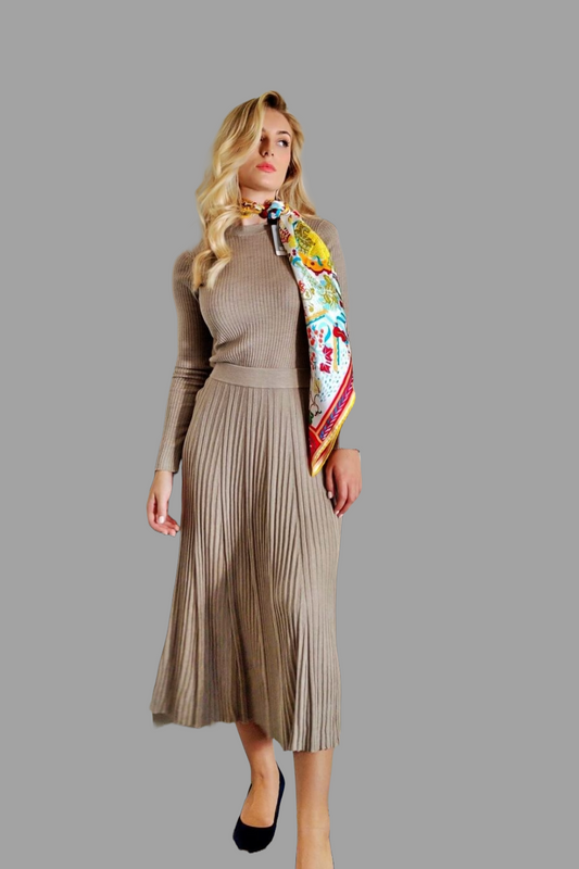 Cashmere Silk Blend Ribbed Knitwear Top and A line long Skirt with pleated detail Camel Colour
