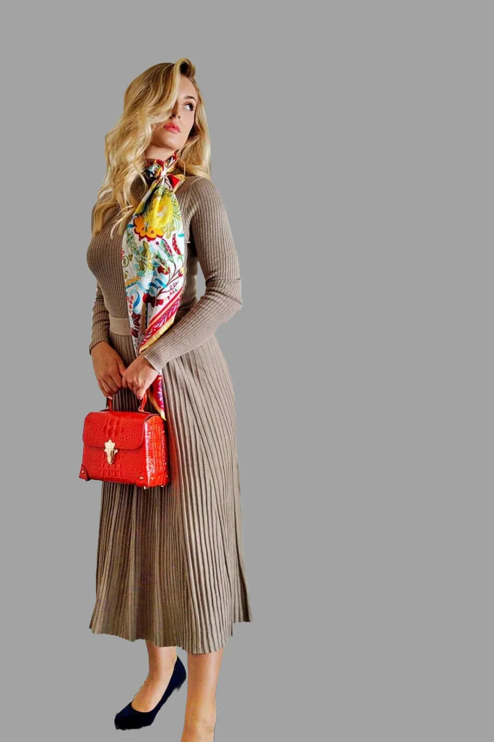 Cashmere Silk Blend Ribbed Knitwear Top and A line long Skirt with pleated detail Camel Colour - Vshine Silk and Shine 