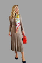 Cashmere Silk Blend Ribbed Knitwear Top and A line long Skirt with pleated detail Camel Colour - Vshine Silk and Shine 
