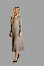 Cashmere Silk Blend Ribbed Knitwear Top and A line long Skirt with pleated detail Camel Colour - Vshine Silk and Shine 
