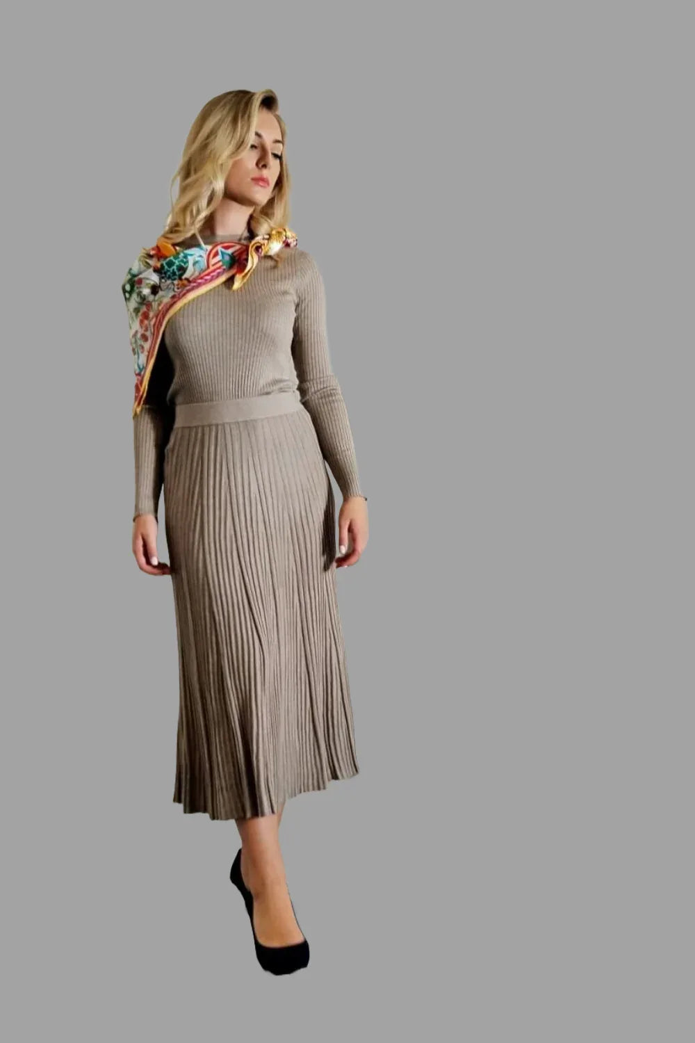 Cashmere Silk Blend Ribbed Knitwear Top and A line long Skirt with pleated detail Camel Colour - Vshine Silk and Shine 