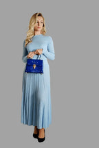 Cashmere Silk Blend Ribbed Knitwear Top and A line long Skirt with pleated detail blue - Vshine Silk and Shine 