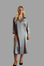 Mulberry Silk Dress in Lustre Grey with Golden Diamond print one size - Vshine Silk and Shine 