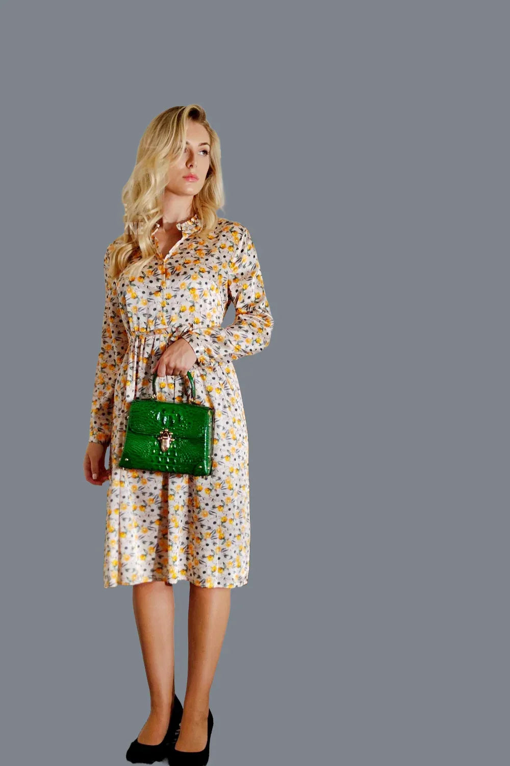 Mulberry Silk Dress with long Sleeves adorned with floral print in Soft Yellow - Vshine Silk and Shine 