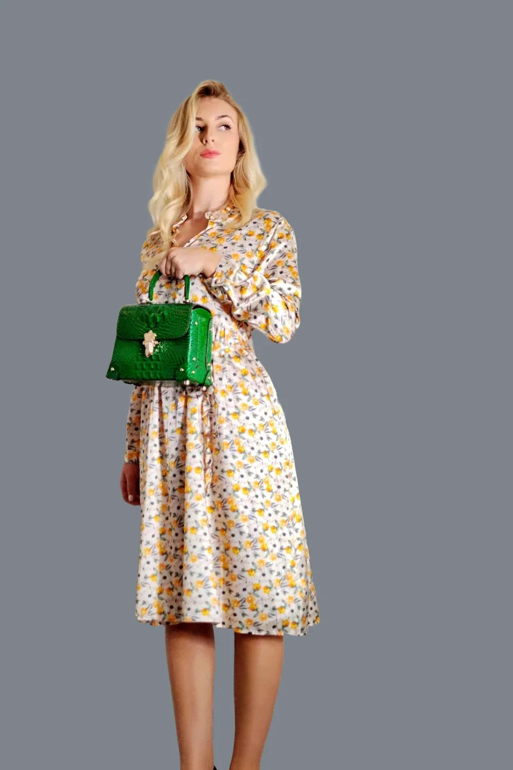 Mulberry Silk Dress with long Sleeves adorned with floral print in Soft Yellow - Vshine Silk and Shine 
