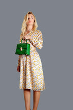 Mulberry Silk Dress with long Sleeves adorned with floral print in Soft Yellow - Vshine Silk and Shine 