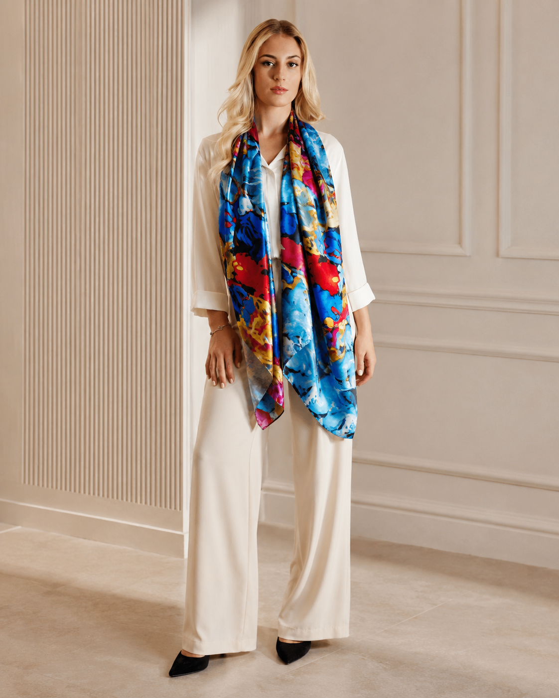 Vshine Silk and Shine large silk scarf in bold blue multicolour print styled over white outfit — Colour Blast Blue