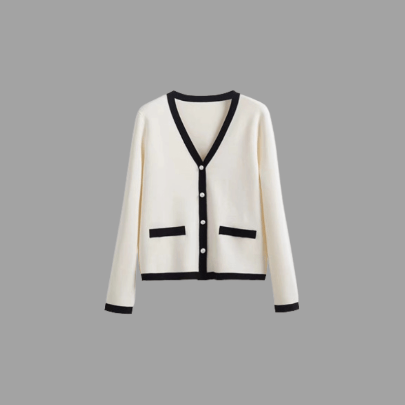 Pure Merino Wool V Neck Cardigan White with Contrasting Detail