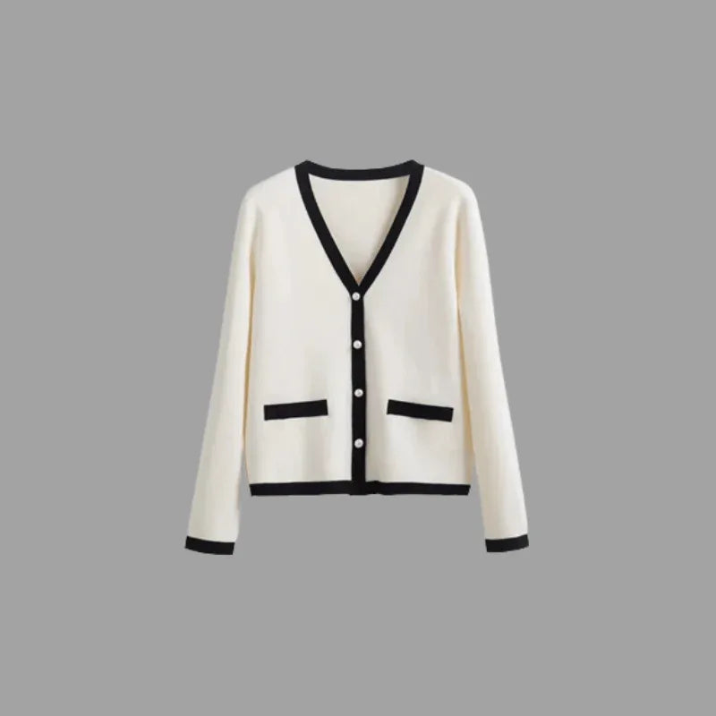 Pure Merino Wool V Neck Cardigan White with Contrasting Detail - Vshine Silk and Shine 