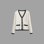 Pure Merino Wool V Neck Cardigan White with Contrasting Detail - Vshine Silk and Shine 