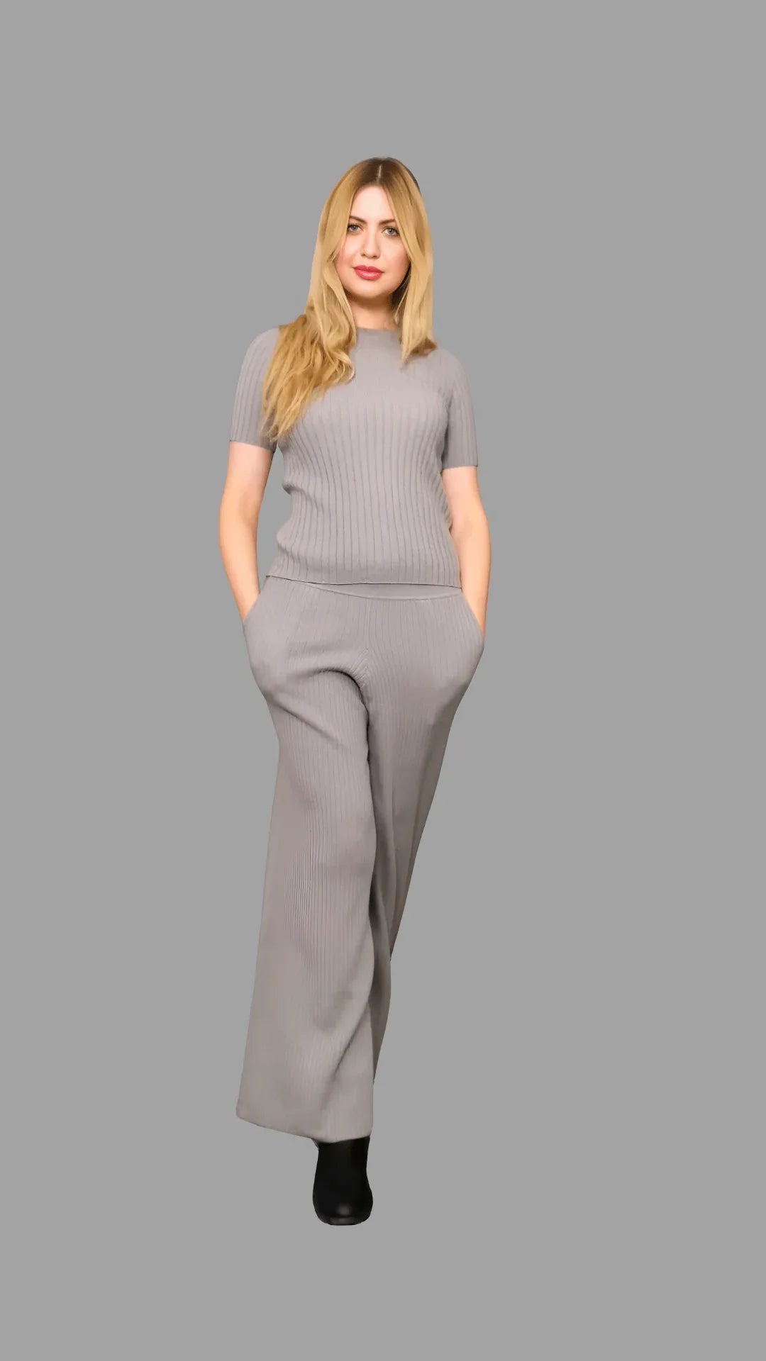 100% Cashmere Women's Ribbed Knitwear Co-ord Set, Knitted Co-ords, Grey - Vshine Silk and Shine 