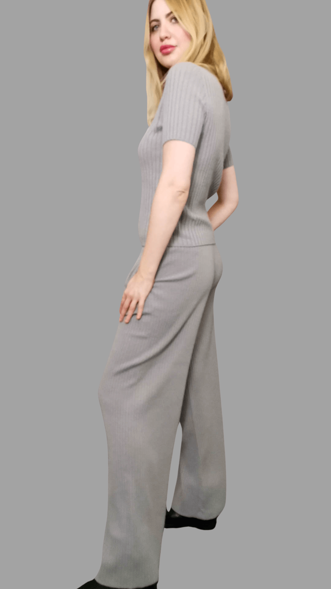 100% Cashmere Women's Ribbed Knitwear set, Grey
