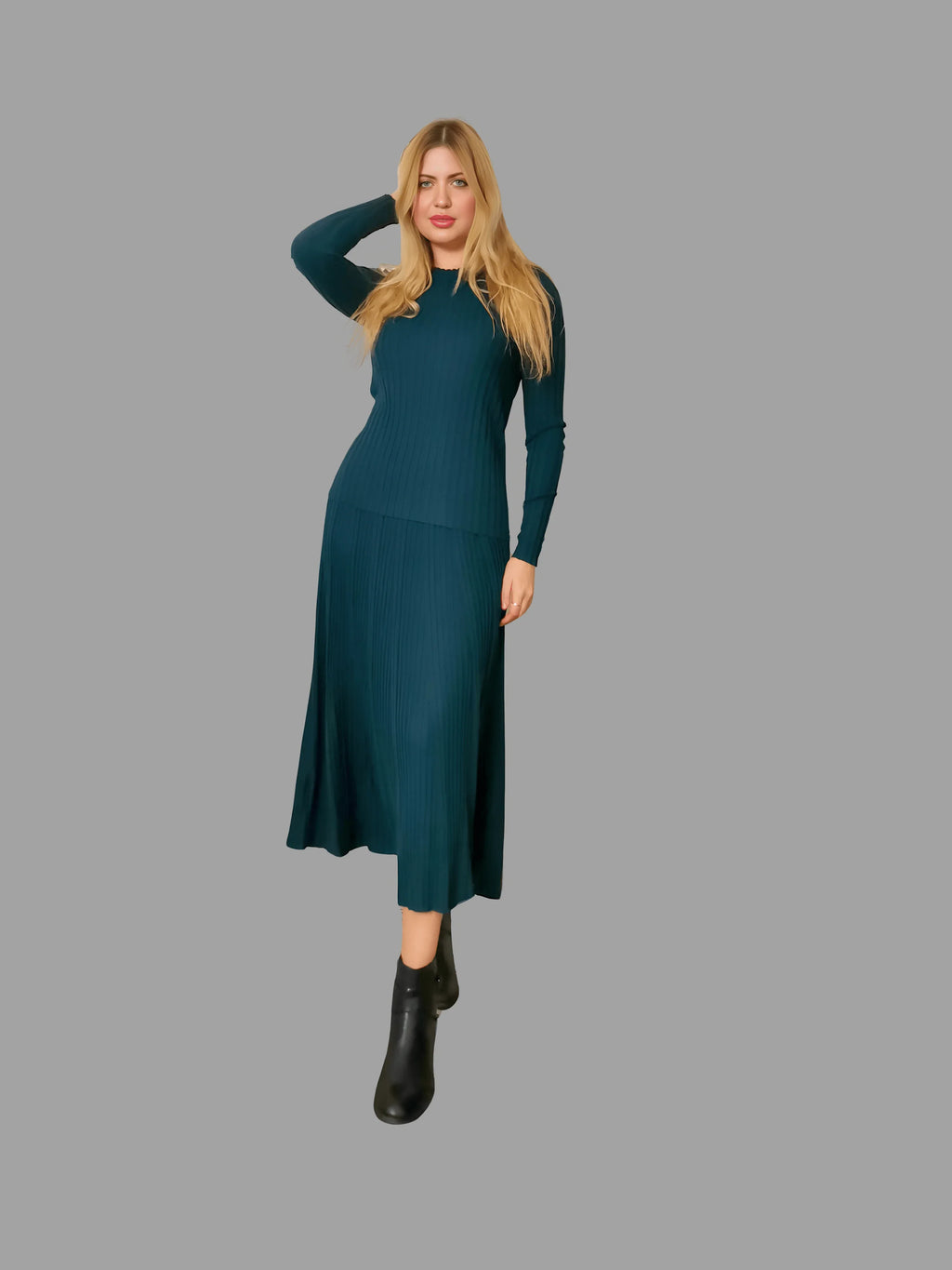 Cashmere Silk Blend Ribbed Knitwear Top and A line long Skirt with pleated detail Green - Vshine Silk and Shine 