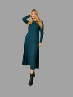 Cashmere Silk Blend Ribbed Knitwear Top and A line long Skirt with pleated detail Green - Vshine Silk and Shine 