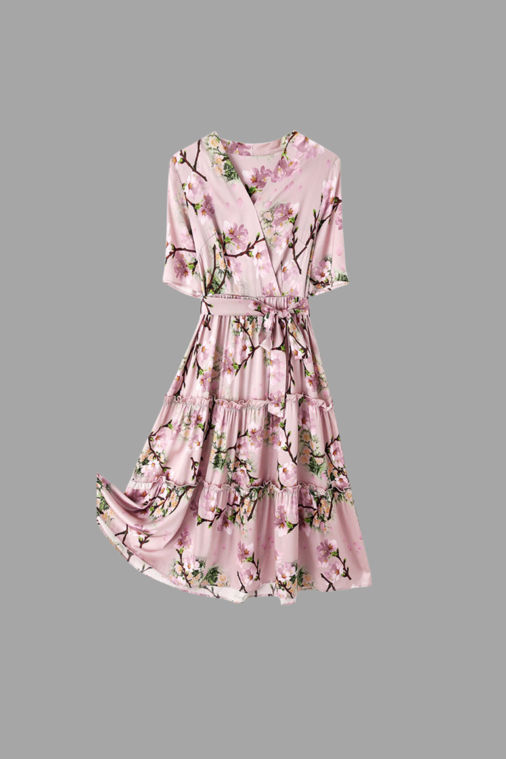 Seidenplissiertes V-Ausschnitt-Kleid – Kirschblütenrosa