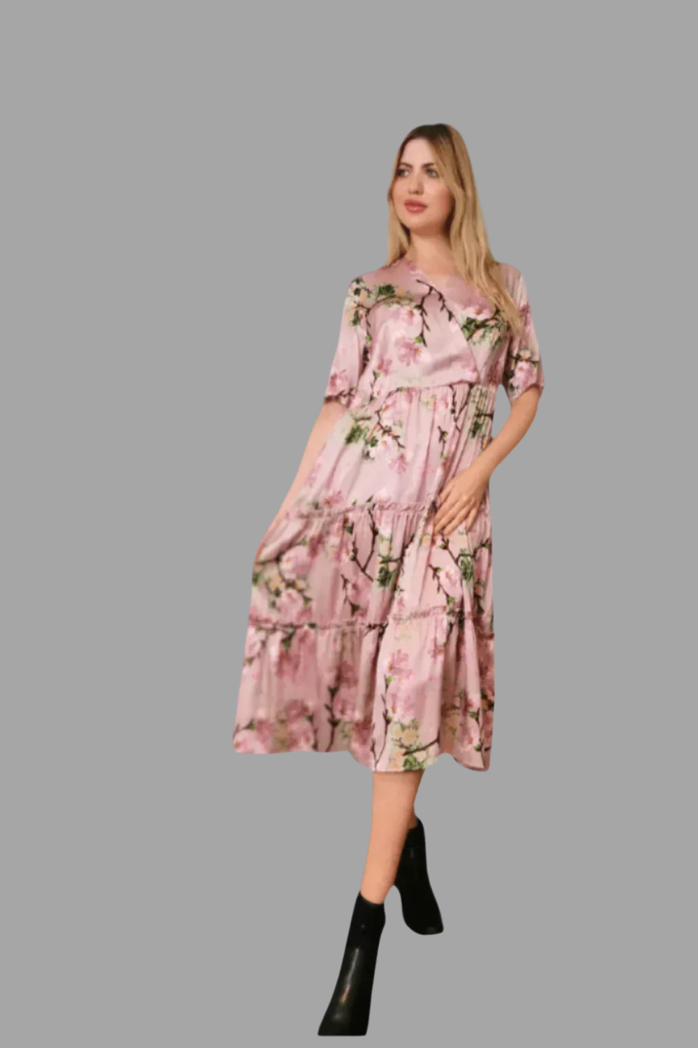 Seidenplissiertes V-Ausschnitt-Kleid – Kirschblütenrosa