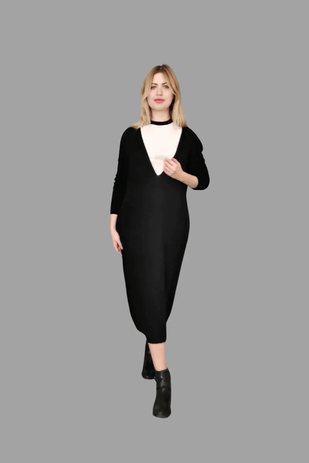 Long Line 100% Merino Wool Dress Deep V neck with long sleeves in classic black colour - Vshine Silk and Shine 