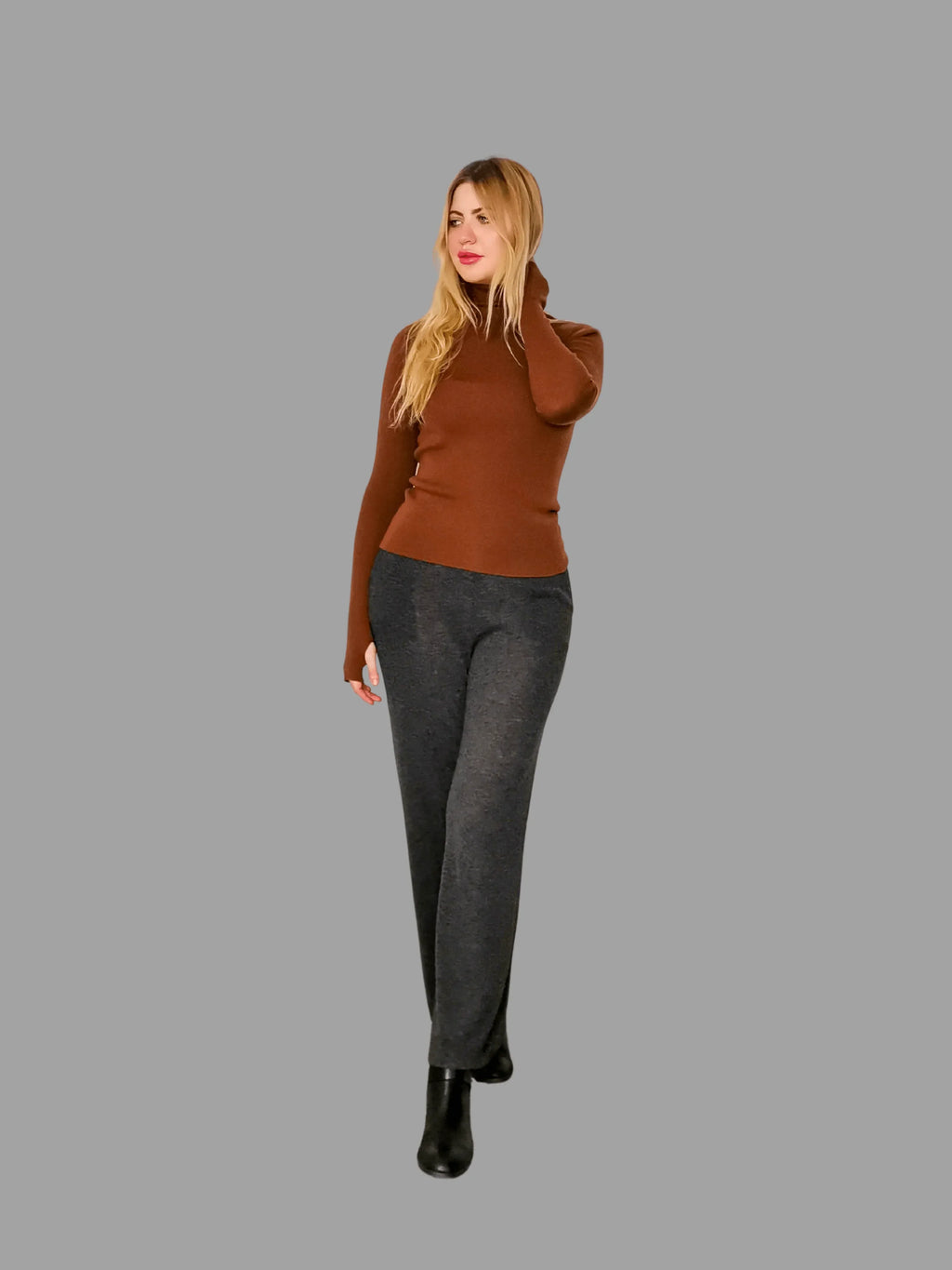 Pure Merino Wool Roll Neck Jumper Brown - Vshine Silk and Shine 