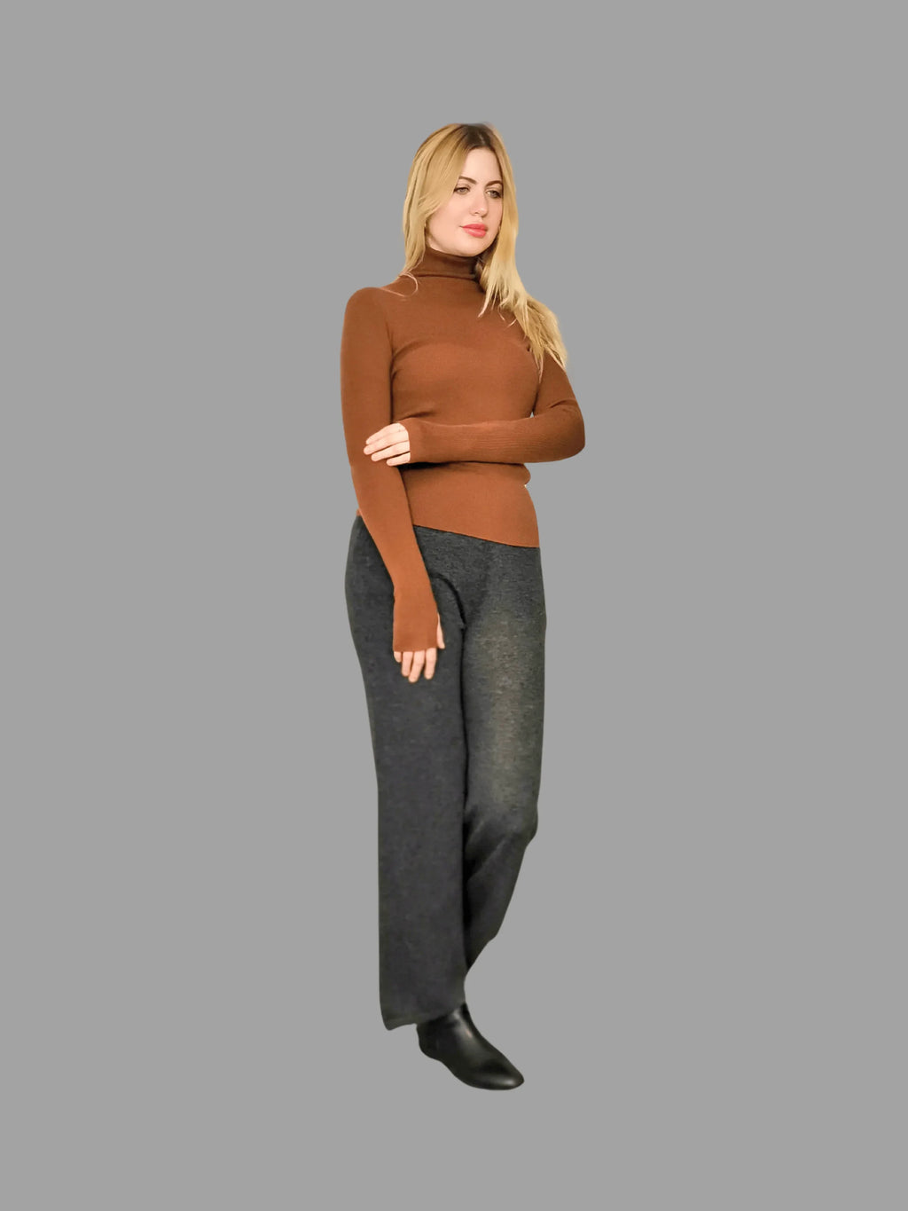 Pure Merino Wool Roll Neck Jumper Brown - Vshine Silk and Shine 
