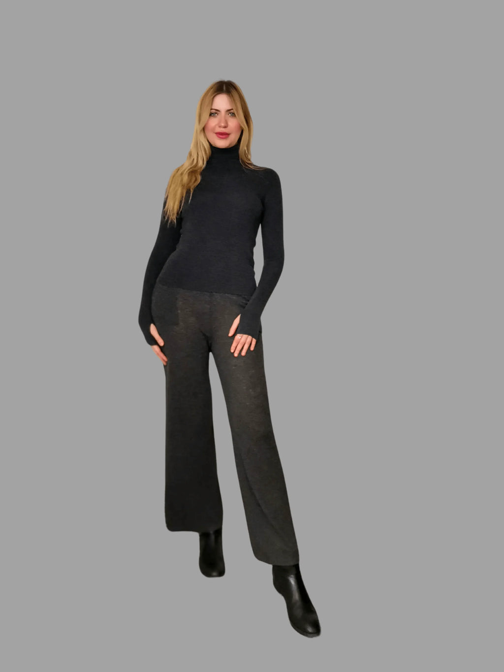 Pure Merino Wool Roll Neck Jumper Grey - Vshine Silk and Shine 