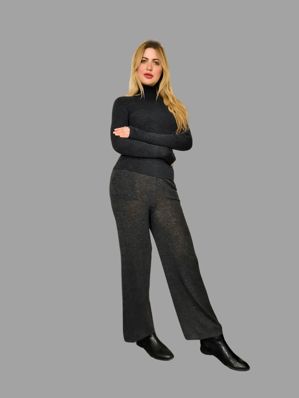 Pure Merino Wool Roll Neck Jumper Grey - Vshine Silk and Shine 