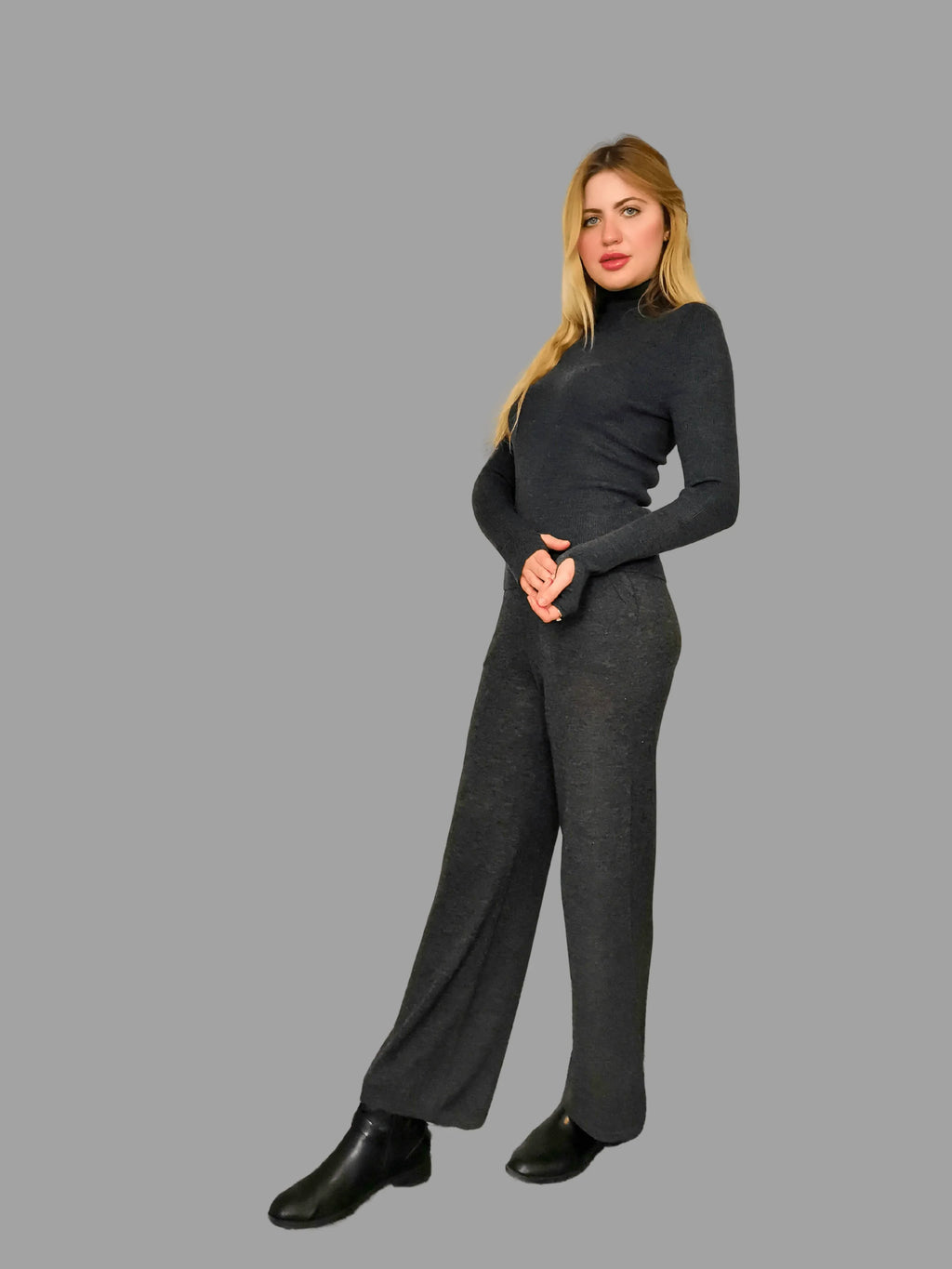 Pure Merino Wool Roll Neck Jumper Grey - Vshine Silk and Shine 