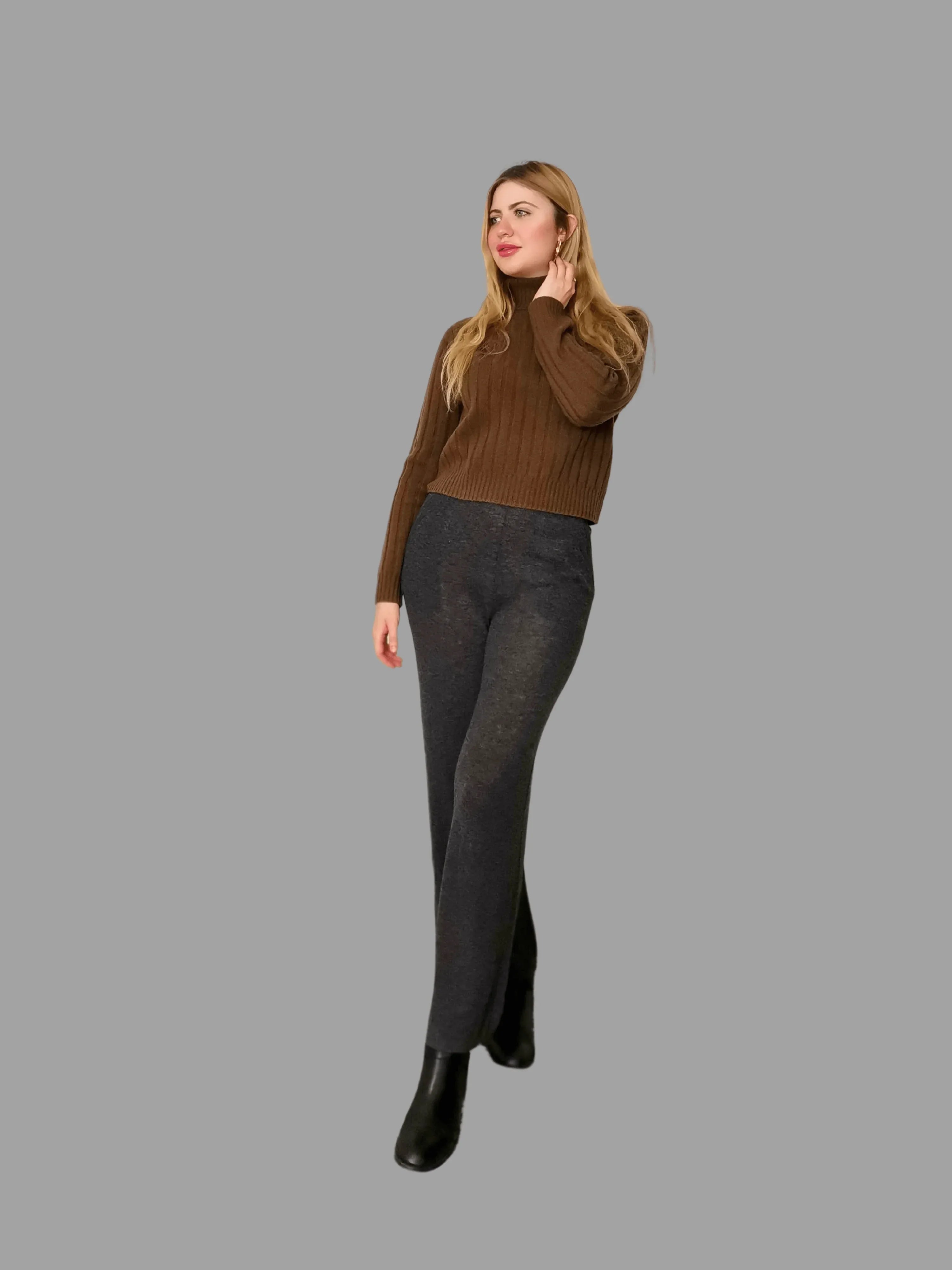 Pure Merino Wool Roll Neck Jumper Brown - Vshine Silk and Shine 