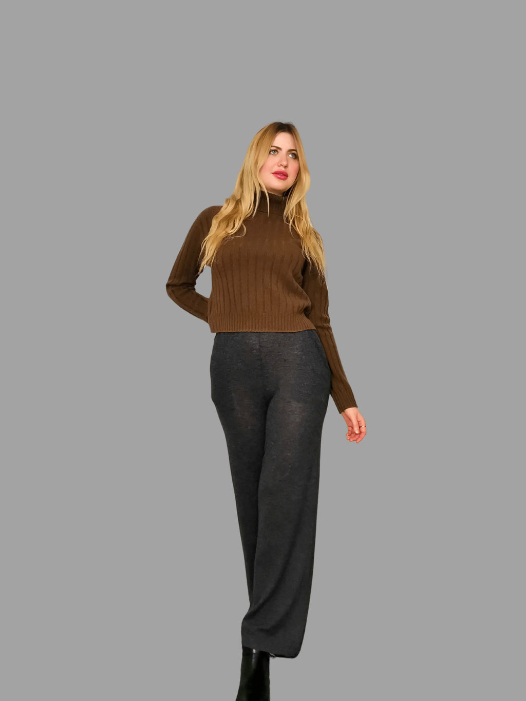Pure Merino Wool Roll Neck Jumper Brown - Vshine Silk and Shine 