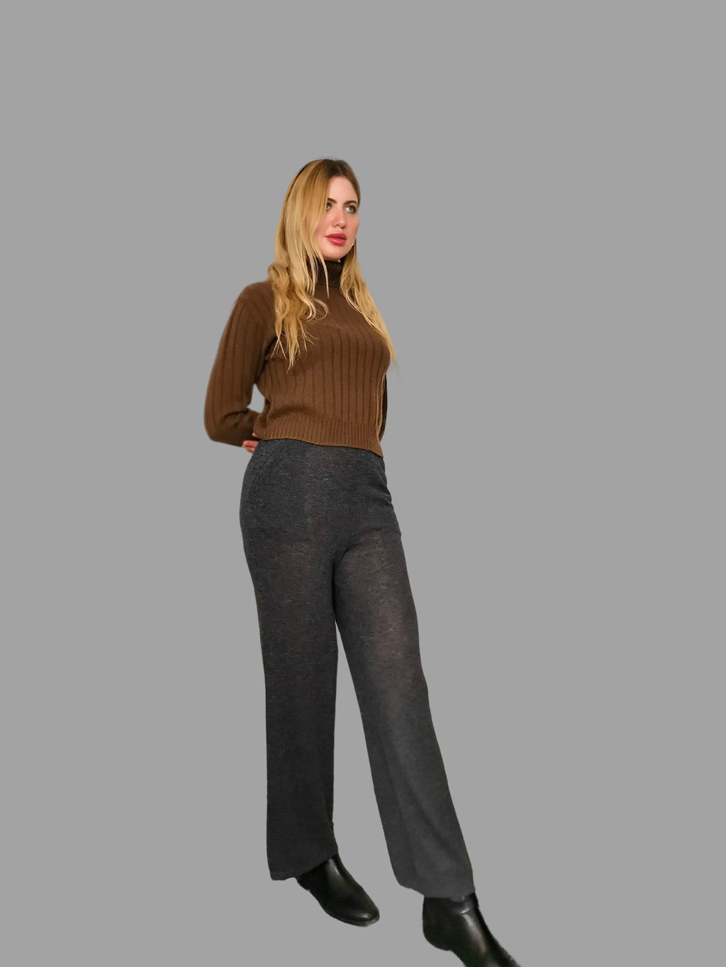 Pure Merino Wool Roll Neck Jumper Brown - Vshine Silk and Shine 