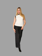 Pure Merino Wool Crew Neck Vest White with Contrasting Detail Women Tank Top - Vshine Silk and Shine 