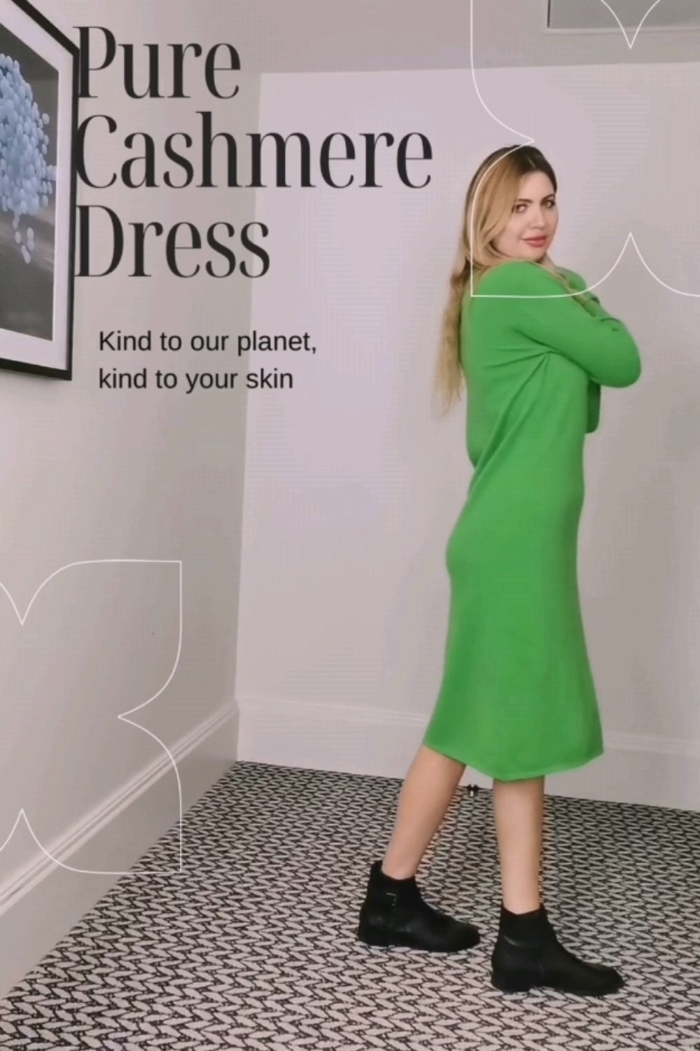 100 % Kaschmir Damen-Strickkleid aus reinem Kaschmir, leuchtendes Grün