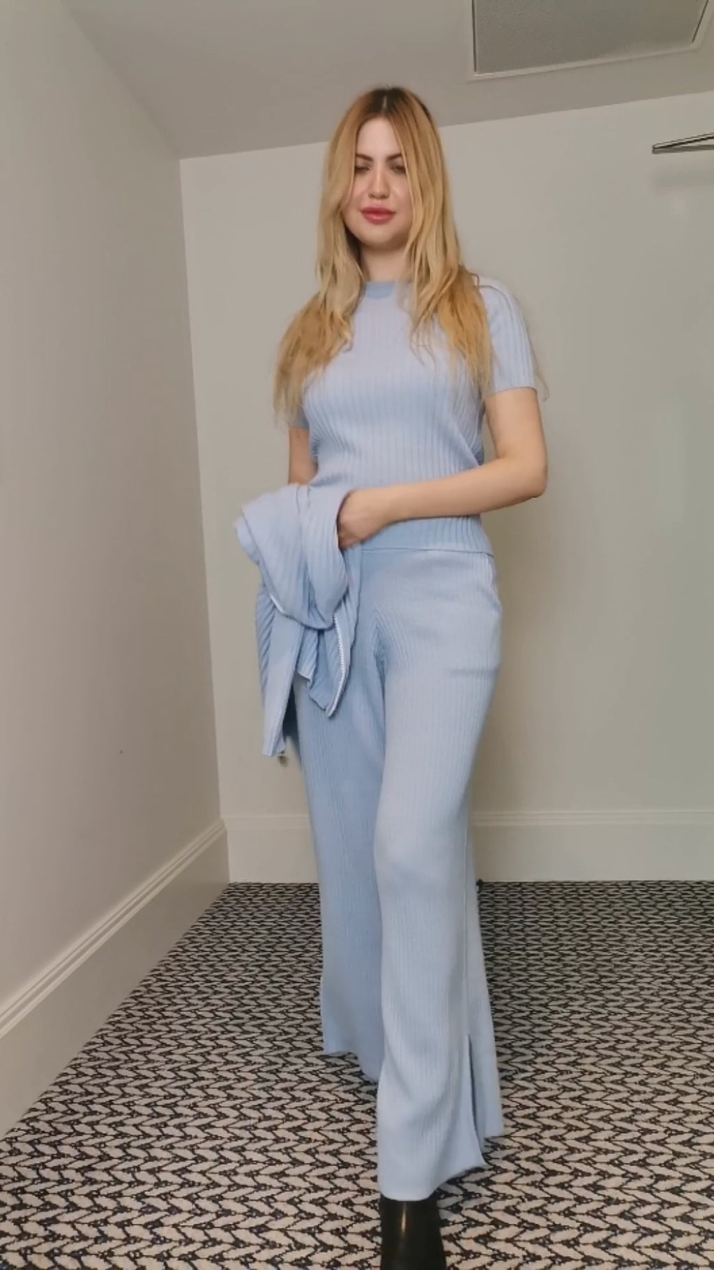 Ensemble de tricot côtelé pour femme 100 % cachemire, ensemble tricoté, bleu bébé