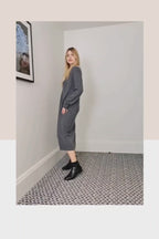 Long Line 100% Merino Wool Dress Deep V neck with long sleeves in neutral grey colour