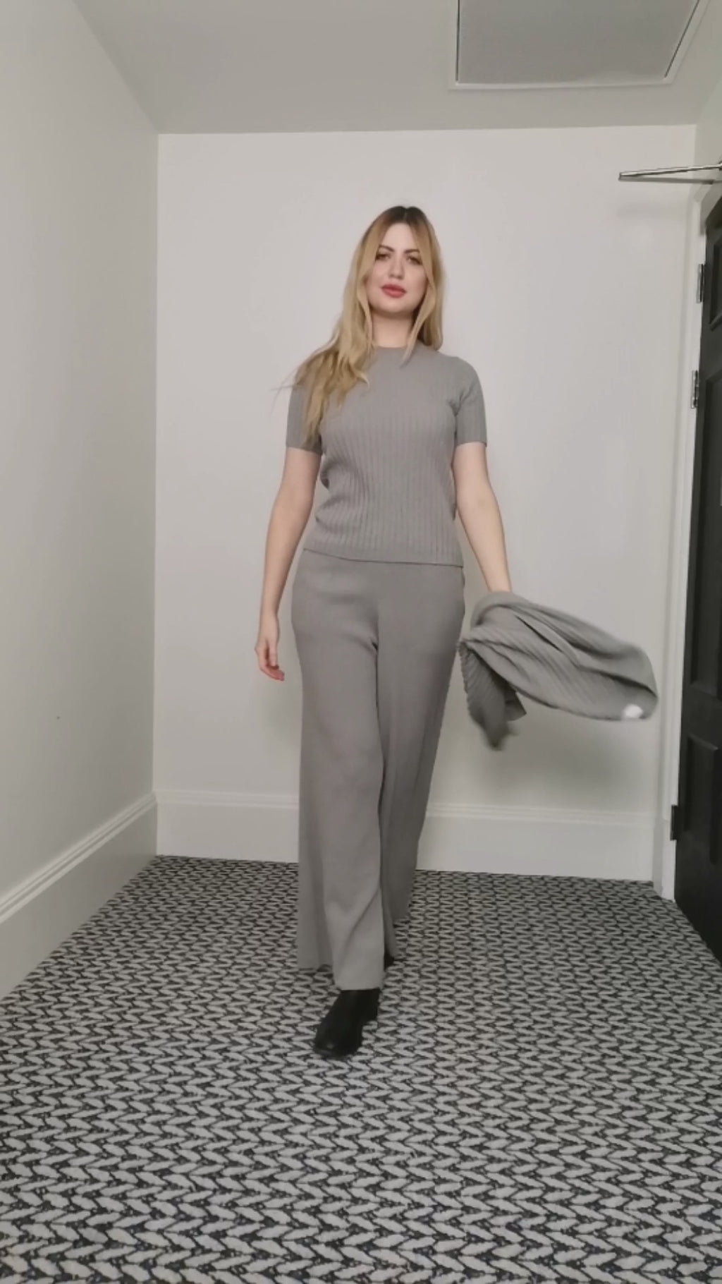 Ensemble de tricot côtelé pour femme 100 % cachemire, ensemble tricoté, gris