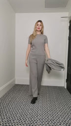 Ensemble de tricot côtelé pour femme 100 % cachemire, ensemble tricoté, gris