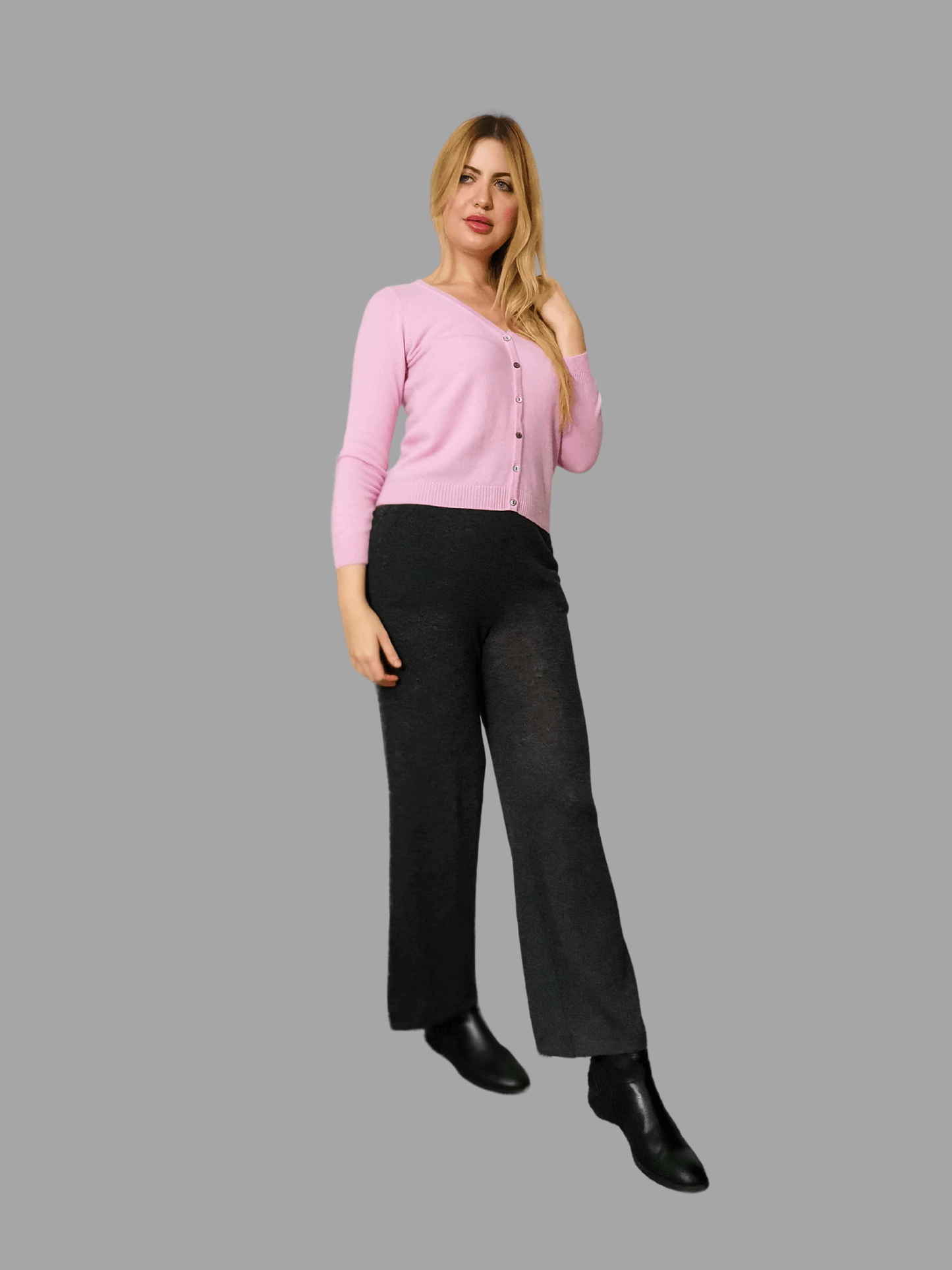 Cardigan col V en pur cachemire – Rose pâle clair