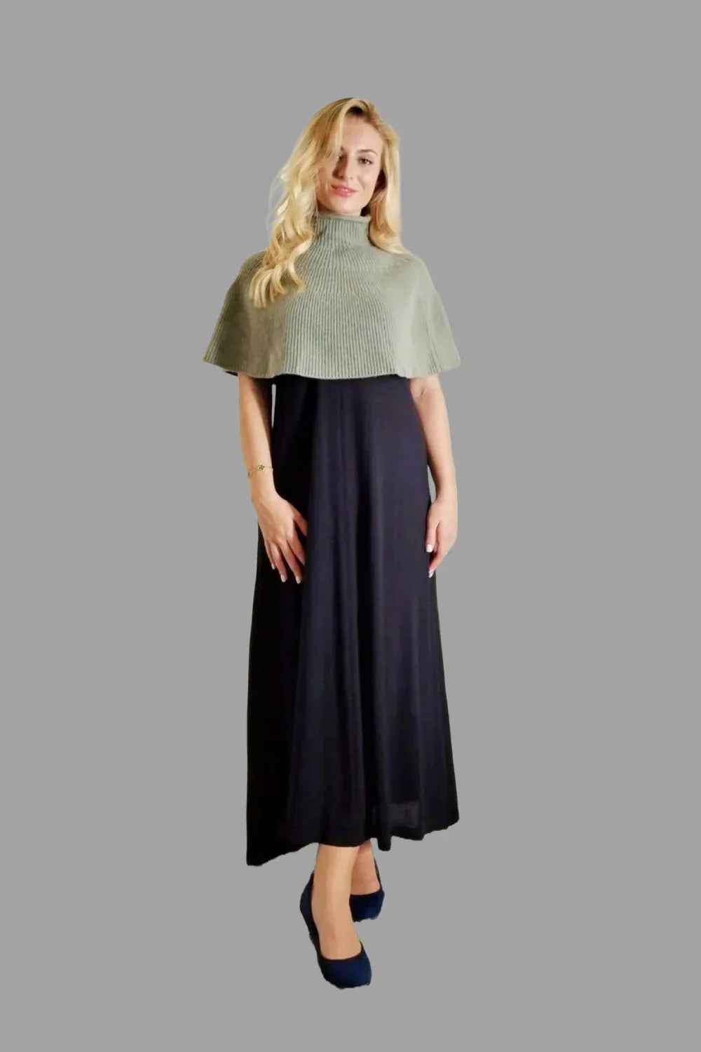 100% Cashmere Poncho in Pale Moss Green - Vshine Silk and Shine 