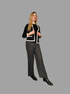 Pure Merino Wool V Neck Cardigan Black with Contrasting Detail - Vshine Silk and Shine 