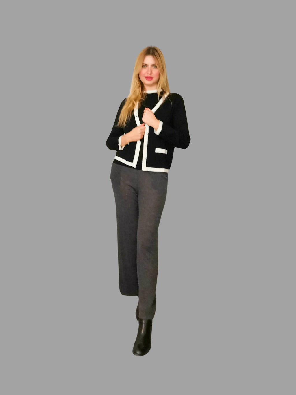 Pure Merino Wool V Neck Cardigan Black with Contrasting Detail - Vshine Silk and Shine 